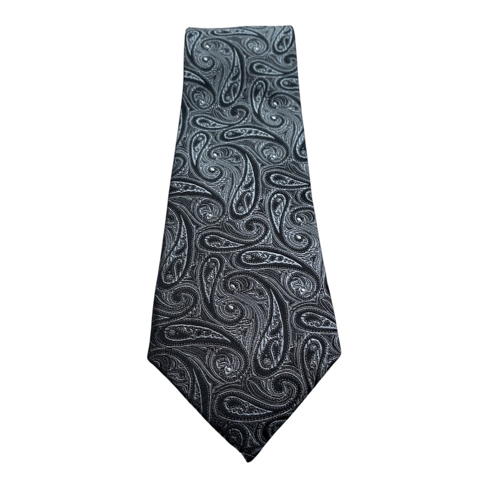 Chaps Mens Silk Necktie Grey Black Paisley Woven Formal Business Tie 58.5x3.25